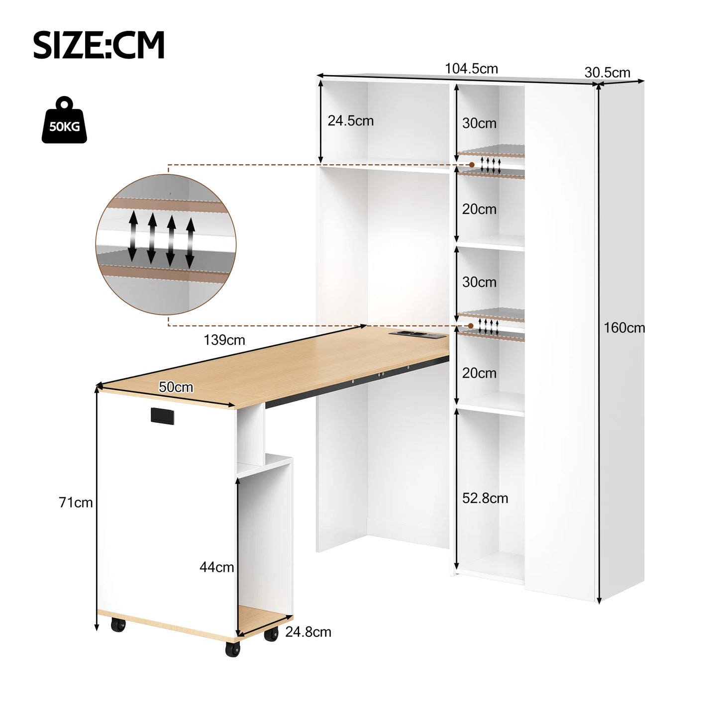 Klappbarer Schreibtisch mit Regalen – 2-in-1-Bücherregal und Schreibtisch, klappbar, mit Steckdose und USB-Anschluss, höhenverstellbare Regale