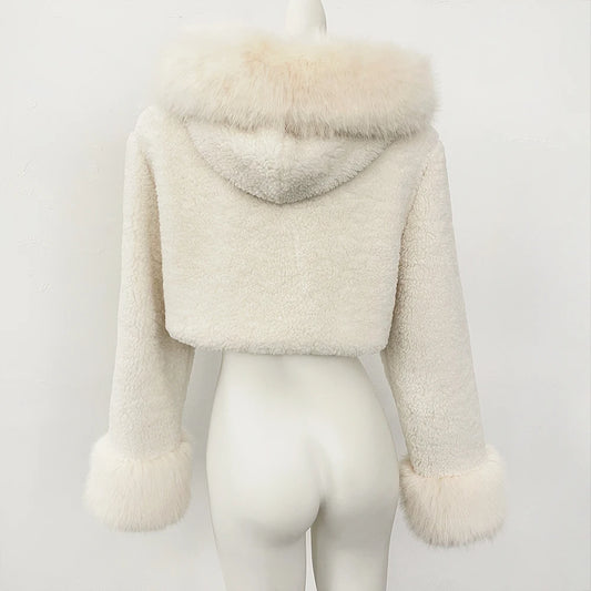 OFTBUY Lammwolle Weibliche Herbst Warme Dicke Faux Pelz Jacke Künstliche Winter Kleidung Frauen Mit Kapuze Kurze Pelzmantel Umweltfreundliche