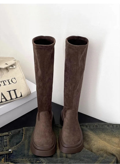 Winter Platform Punk Style Woman Knee High Boot Concise Slip On Elastic Slim Shoes Ladies Thick Bottom Knight Long Booties.