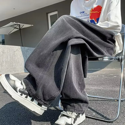 2024 New Trendy Wide-Leg Jeans Men's Loose-Fit Straight-Leg Casual Long Pants Vintage Washing Distressed Style.