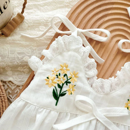 2025, Sommer, bezaubernd, ärmellos, Fliege, Blume, bestickt, für Neugeborene, Mädchen, einteiliger Bodys, weicher Baby-Spitzen-Overall