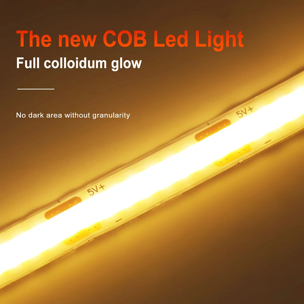 5 V USB-COB-LED-Streifen mit 2-poligem DC-Stecker, 3000 K, 4000 K, 6000 K, 320 LEDs, flexibles Band, lineare Beleuchtung mit hoher Dichte.