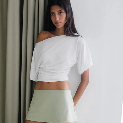 Cryptographic One Shoulder Ruched Asymmetrical Tops for Women Outfits Sexy Short Sleeve Casual Tops Slim T-shirts Summer Clothes