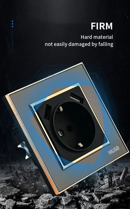 WESA Schwarze Spiegel-Acryl-Steckdose mit 2 USB-Steckdosen nach EU-Standard, Standard-Erdungsstecker, Steckdose, flammhemmend.