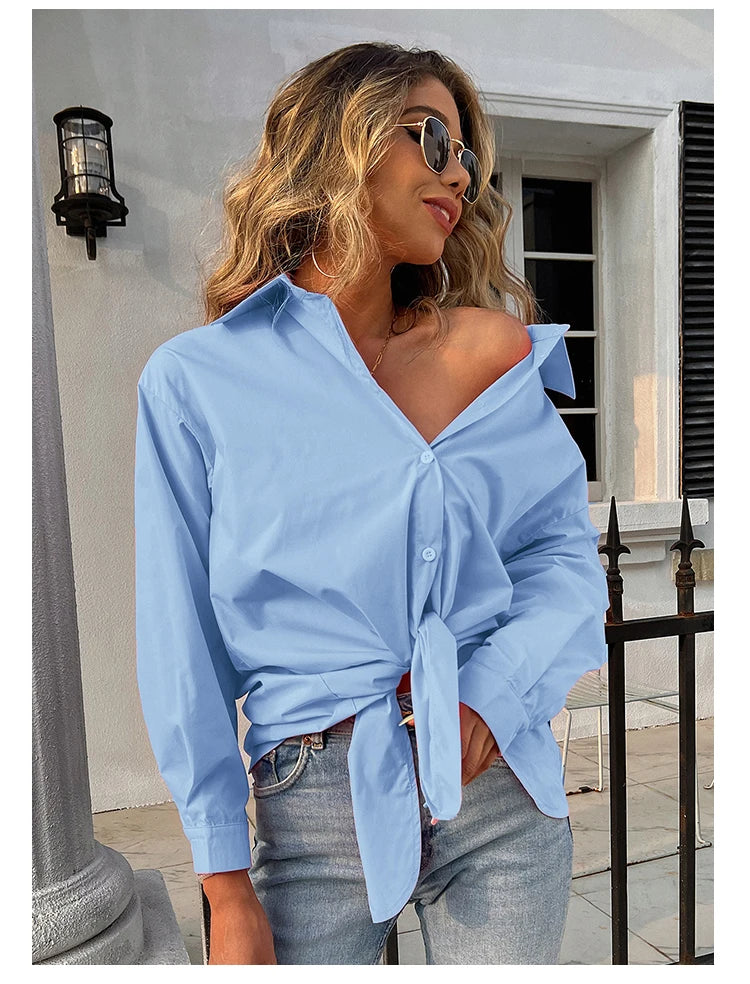 New Long Sleeve Ladies Tops Blouses Button Down Casual Shirt Women Turn-down Solid Collar Loose Blouse Women.