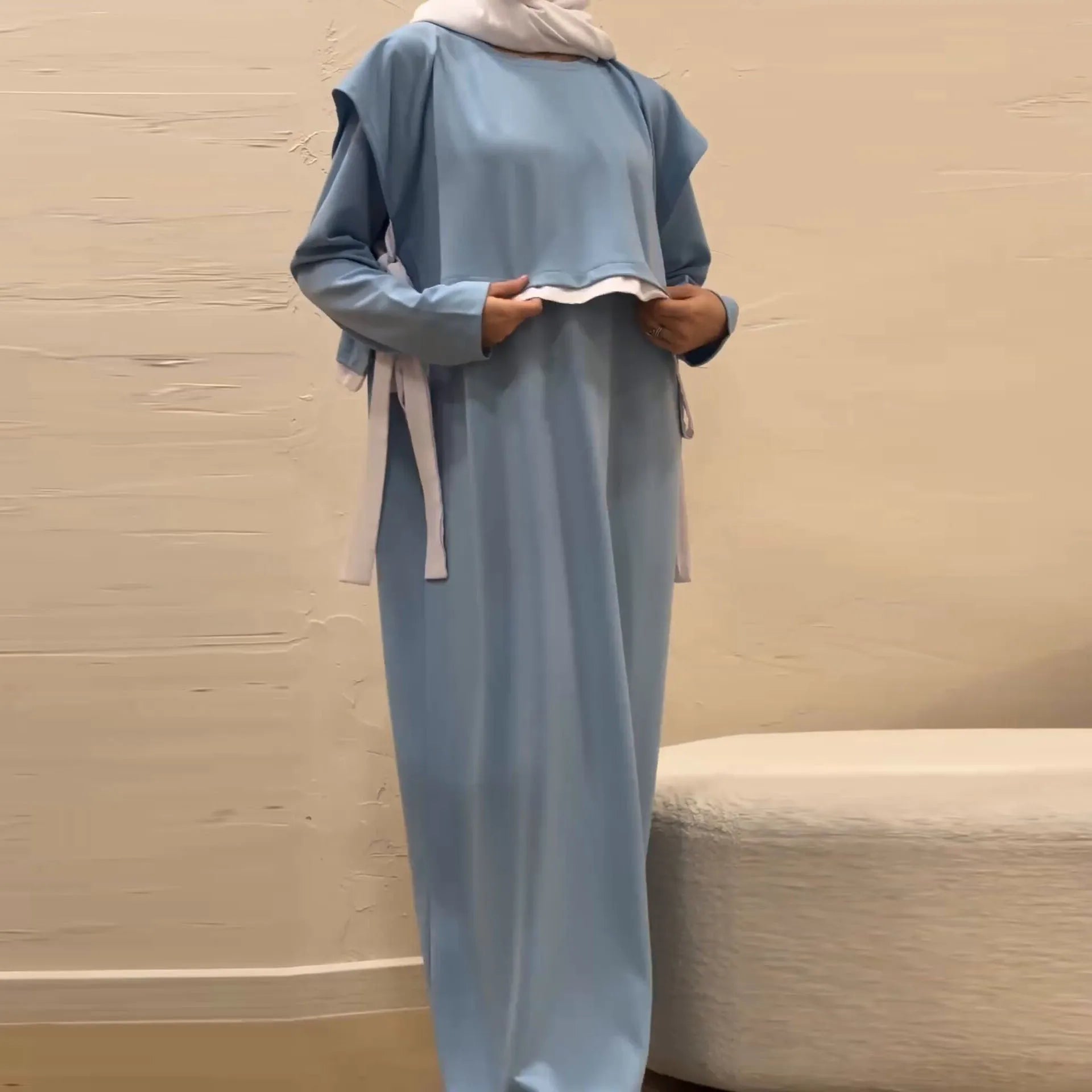 Women Eid Muslim Sets Musulman Ensemble Dubai Arab Vest Kaftan Islam Abayas Ankle Length Long Robe Solid Two Pieces Modest.