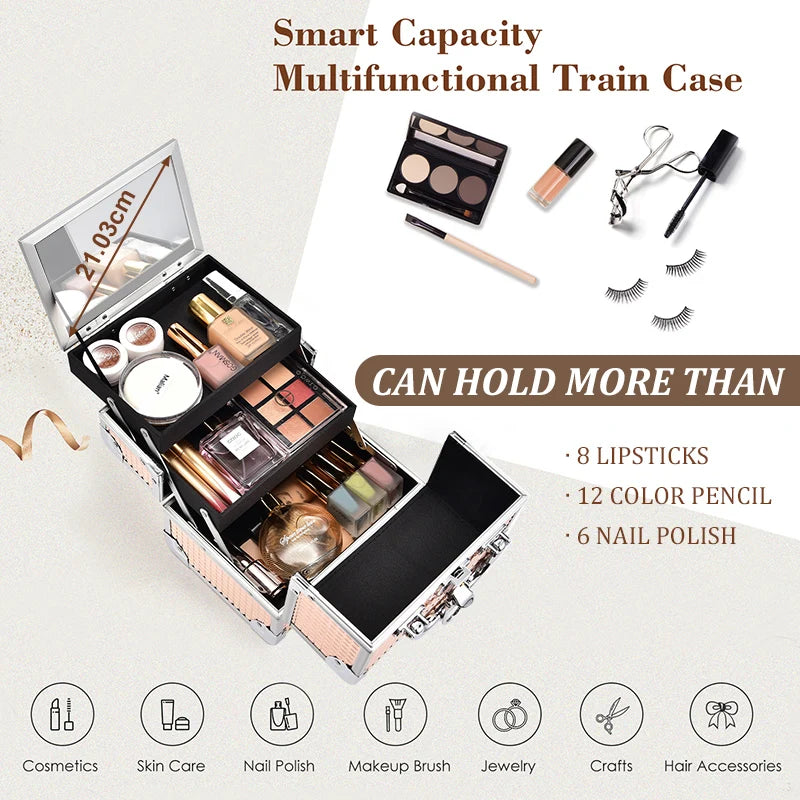 Makeup Case Portable Lock Alloy Unicorn Cosmetic Jewelry Nail Hair Accessories Storage Box with Mirror 2 Trays Make-up Suitcase.