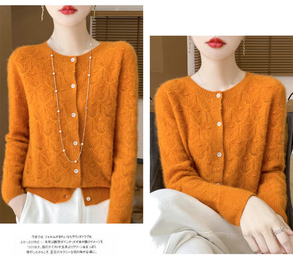 2024 Autumn And Winter New Round Neck Hollowed Out 100 Wool Knitted Cardigan Women's Versatile Coat Loose Casual Sweater DMR281