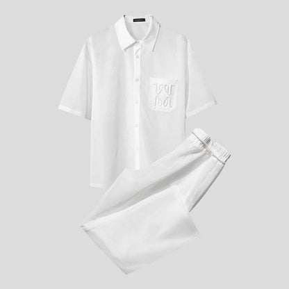 INCERUN Men Sets Mesh Patchwork See Through Sexy Short Sleeve Shirts & Pants Two Pieces Sets Streetwear 2025 Men's Casual Suits