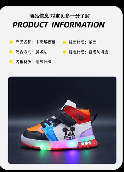 Disney Children's Sneaker Cute Minnie Mickey Cartoon Led Lighted Shoes for Kids Boys Girls Luminous Shoes Toddler Flash Lights.