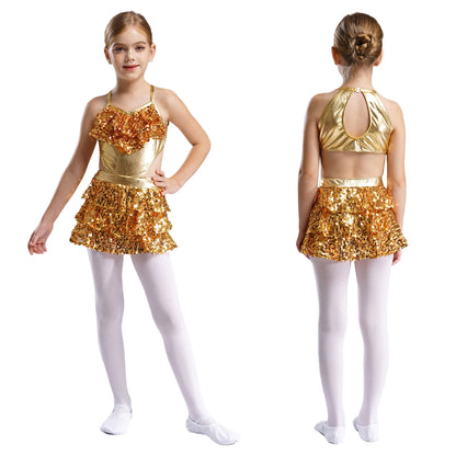 Kinder Mädchen Pailletten Jazz Ballett Tanzkleid Ärmellos Ausschnitt Tiered Rüschen Trikot Salsa Samba Rumba Skating Performance Kostüm