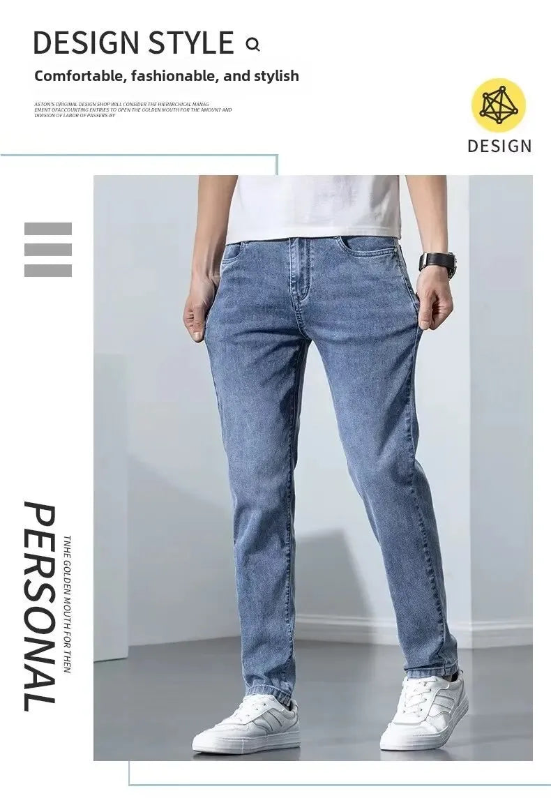 Hong Kong Summer Thin Men's Blue Jeans Slims Smooths Your Silhouette Feet Stretchy Korean Style Light Color Versatile Pants.