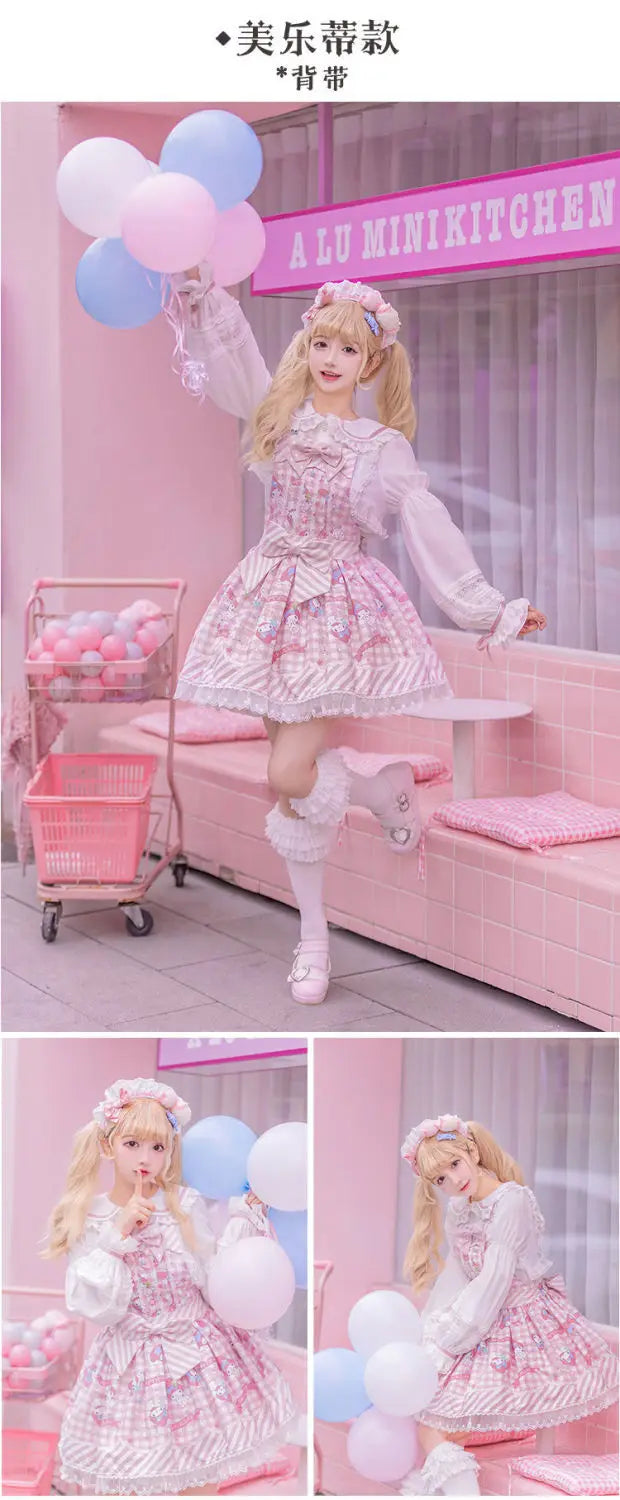 Anime My Melody Lolita Kleid Cinnamoroll Prinzessin Kleid Kuromi Süßer süßer Druck Schleife Spitze Party Trägerkleid Kawaii Academy Kleid.