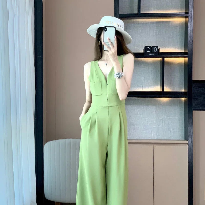 Women's Wide Leg Jumpsuit Pants 2025 Summer New Casual Straight Tube Sports Overalls V-neck Sleeveless Bodysuit For Women Romper