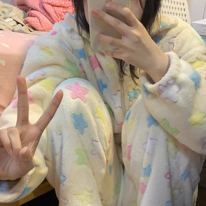 Y2k Star Printed Pajama Sets Women Winter Coral Velvet Soft Warm Loose Gentle Girlish Kawaii Student Dormitory Sleepwear Comfort.