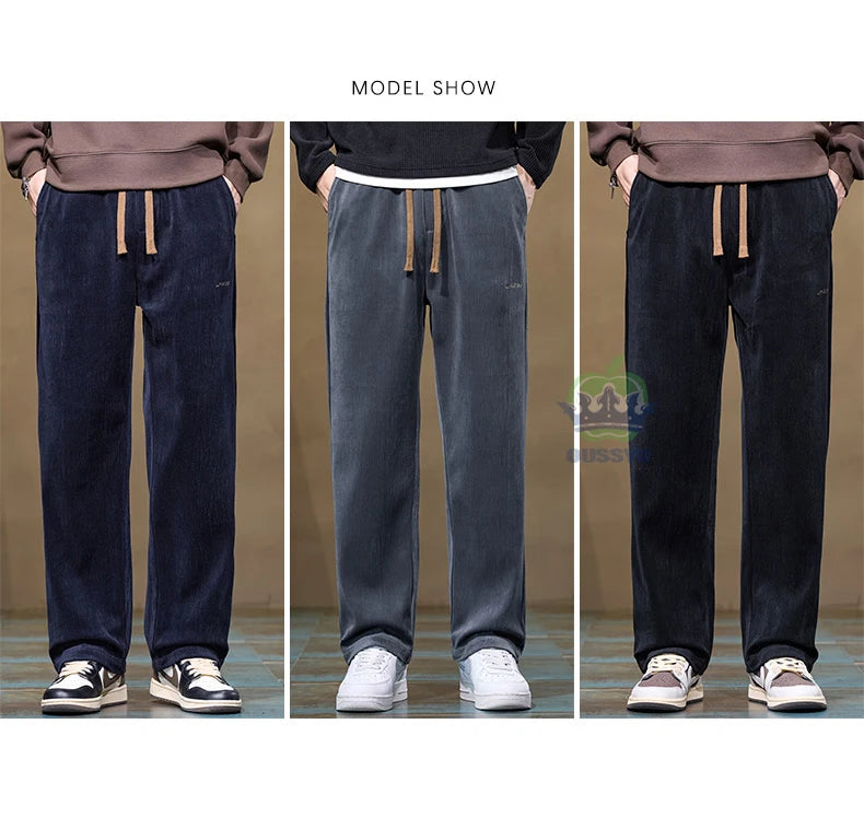 Autumn Winter Men's Corduroy Pants Elastic Waist Fashion Stretch Loose Straight Black Grey Thick Trousers Male Plus Size M-5xl.