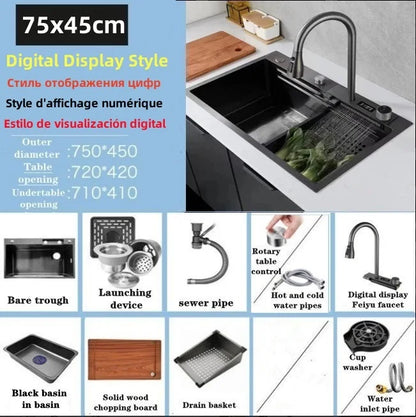 Wasserfall-Küchenspüle aus Edelstahl 304, Zughahn, Einzelschlitz, Hochdruckbecher, Waschmaschine, Café, Weinbar, Waschbecken