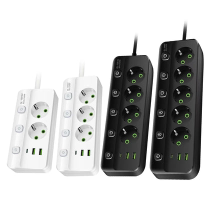 EU-Stecker-Steckdosenleiste, 2/3/4/5 Positionen, unabhängige Steuersteckdose mit 2 USB-Anschlüssen, 1 Typ-C-Anschlüsse, 2 m Verlängerungskabel, Steckdosen.