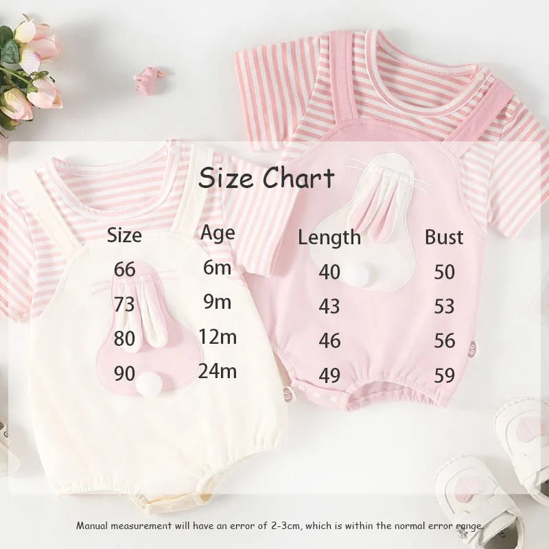 2024 Sommer Baby Mädchen Kleidung niedlichen Hasen falsch zweiteiligen Bodysuit Kleinkind Streifen Patchwork einteilige Kleidung