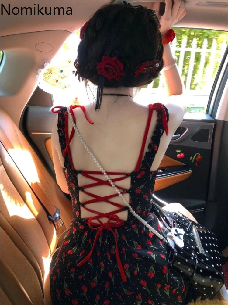 Koreanische Kleid Frauen Süße Bogen Bandage Ärmellose Backless Robe Femme Floral Mode Sommer Mini Kleider 2025, Vestidos De Mujer.