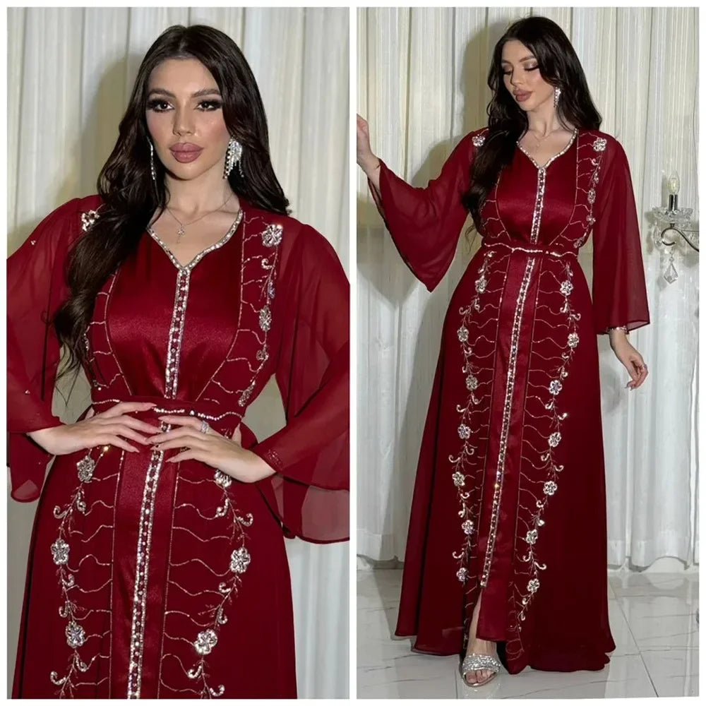 Muslim Set Dress Women Four-season Commute Muslim Set Fashion Party Dubai Turkey Long Sleeve Chiffon Cardigan Dress and Vest 2ps.