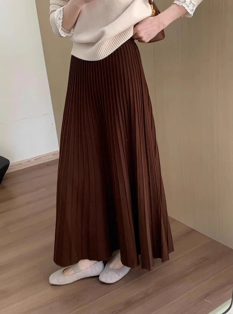 2026 Khaki Cashmere Knitted Midi Skirt for Women, Loose Fit, Draped, Slimming A-Line Pleated Skirt for Autumn and Winter