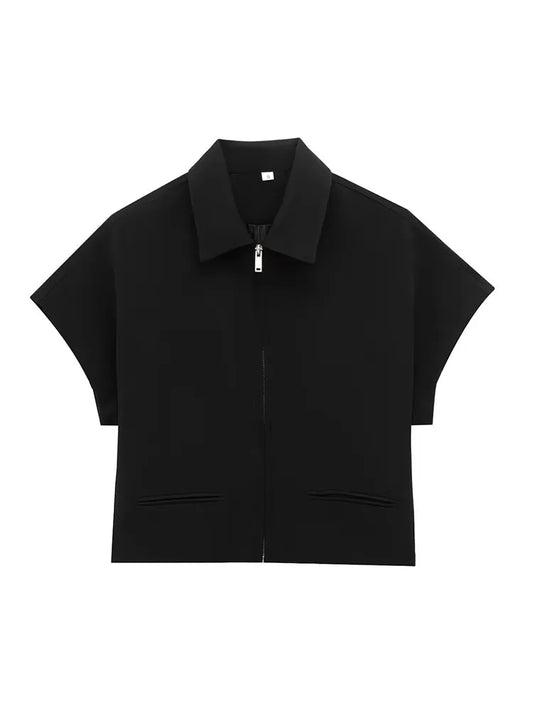 TFMLN Mode-Set für Frauen, Sommer, 2022, neues schlankes Revers, Reißverschluss, kurze Ärmel, Mantel, Oberteil, weites Bein, Hose, zweiteiliges Set, Freizeit, Schwarz