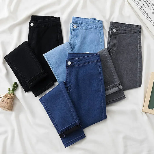 High Waist Slim Fit Stretchy Denim Pants Retro Butt Enhancing Cuff Jeans Black Pencil Pants Fashionable Elastic Trousers.