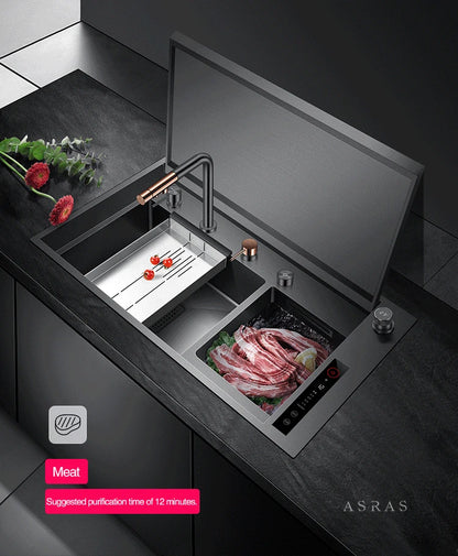 ASRAS Hidden Double Sinks Smart Purifying Kitchen Island Sinks Flip Cover Hidden 4mm Thickness Handmade kitchen Sinks