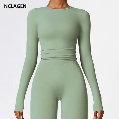 NCLAGEN Yoga Shirts For Women Long Sleeve Winter Fitness Running Gym Clothes Workout Dry Fit Breathable High Elastic Sports Top.