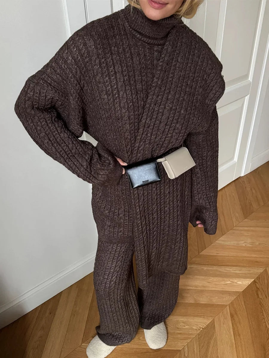Bornladies Herbst Winter Mode frauen Neue Zopfmuster Pullover Breite Bein Hosen Set Weiche Wolle Mischung Lose Fit High Neck Pullover