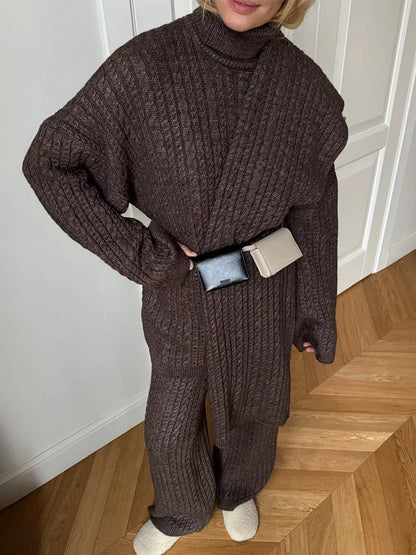 Bornladies Herbst Winter Mode frauen Neue Zopfmuster Pullover Breite Bein Hosen Set Weiche Wolle Mischung Lose Fit High Neck Pullover