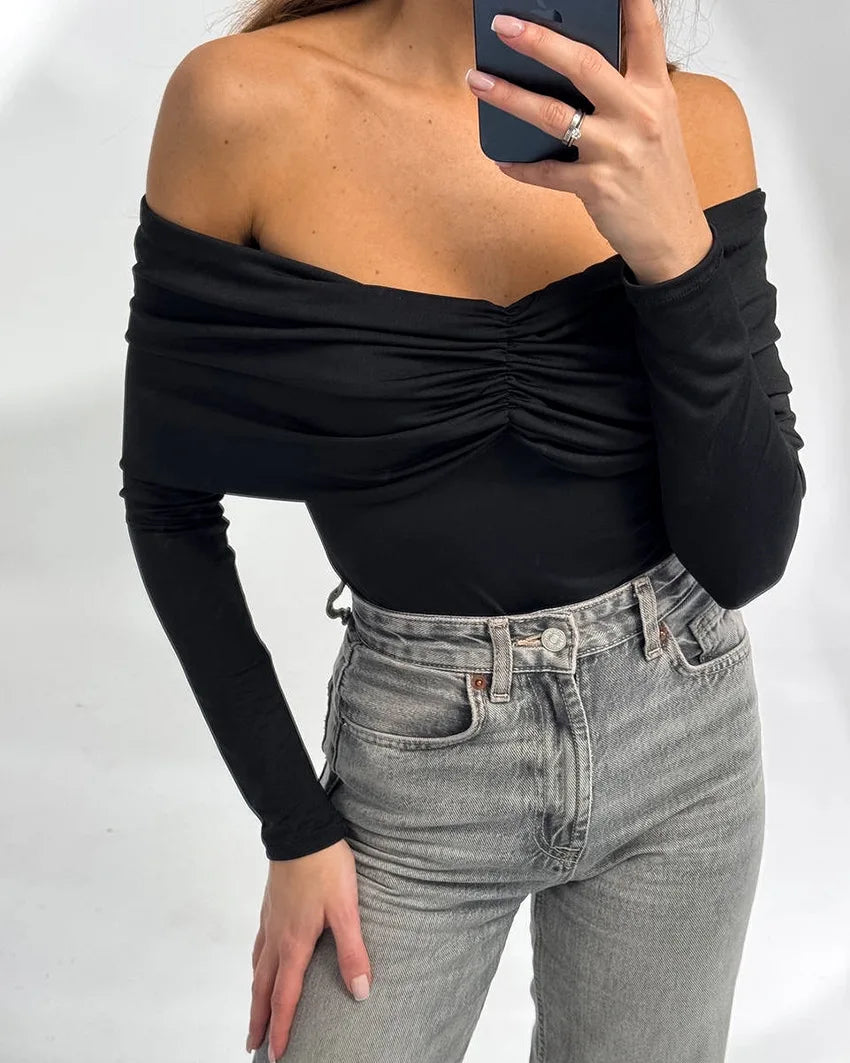Talenza Sexy Ruched Top Women's One-Shoulder Long Sleeve Backless Solid Pullover Top Summer Female Office Lady Casual Top Women.