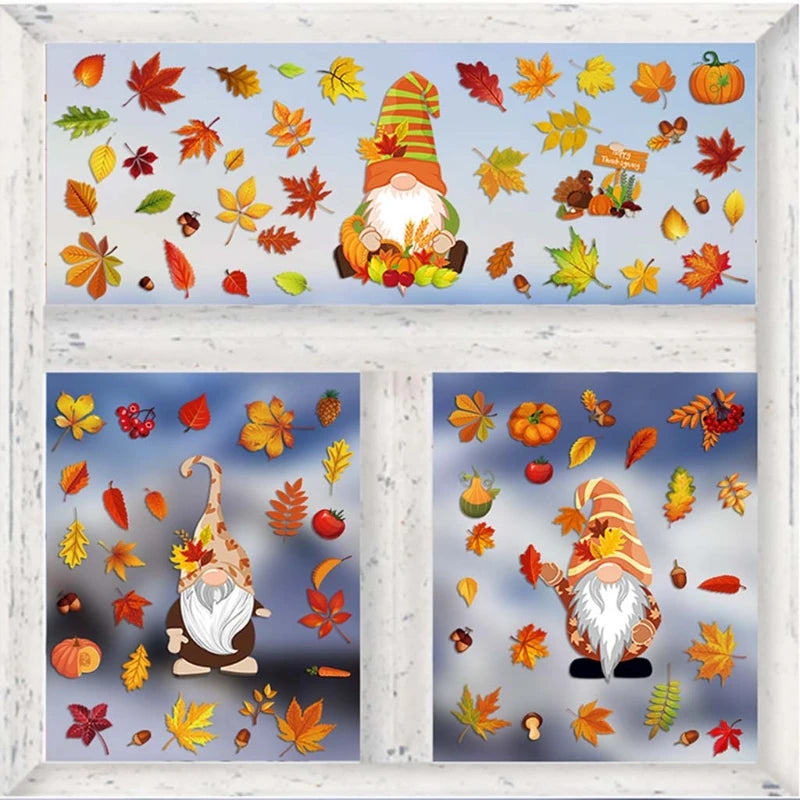 6 Sheets Autumn Thanksgiving Gnomes Window Clings Decal Fall Pumpkin Maple Leaf Electrostatic Stickers Wall Decor X3UC.