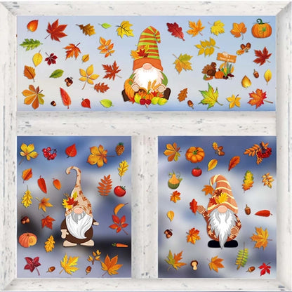 6 Sheets Autumn Thanksgiving Gnomes Window Clings Decal Fall Pumpkin Maple Leaf Electrostatic Stickers Wall Decor X3UC.