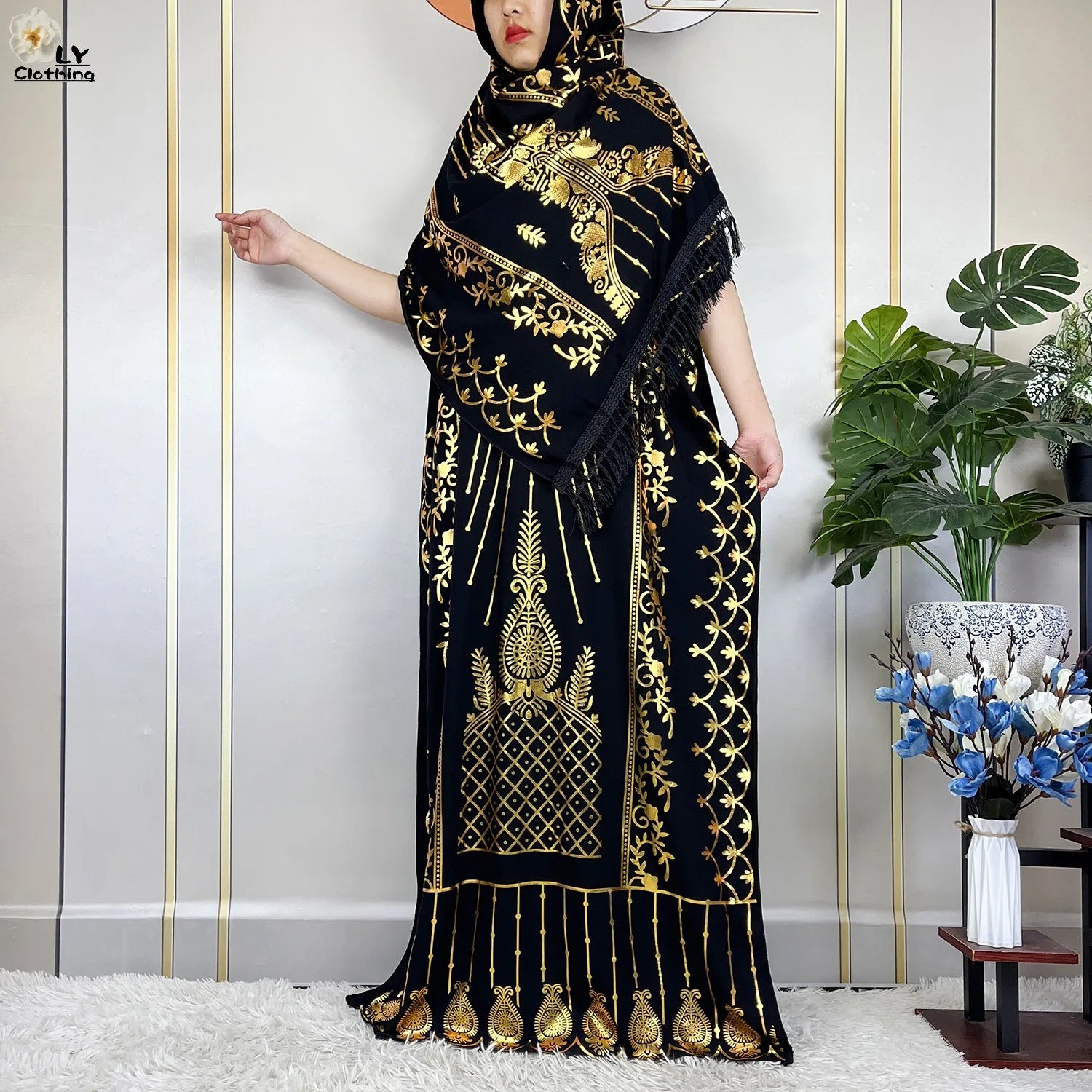 2023 New Muslim Summer Short Sleeve Robe Gold Stamping Boubou Maxi Women Femme Loose Dress With Big Scarf African Abaya Clothes.
