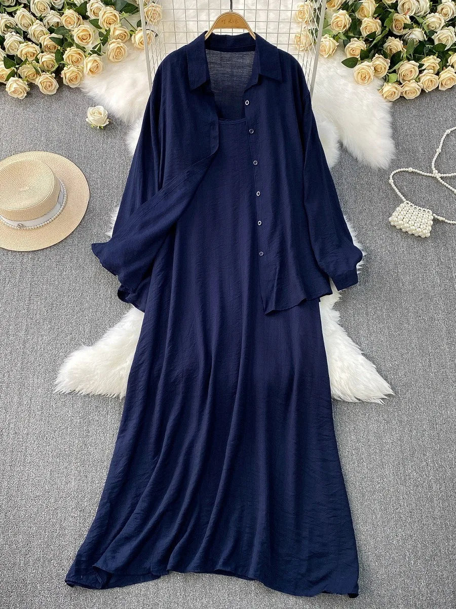 Muslim Women Shirt Dress Two Piece Set Solid Modest Suits Ramadan Musulman Ensemble Morocco Dubai Abayas Islam Outfits Jalabiya