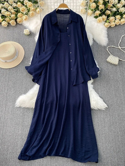 Muslim Women Shirt Dress Two Piece Set Solid Modest Suits Ramadan Musulman Ensemble Morocco Dubai Abayas Islam Outfits Jalabiya