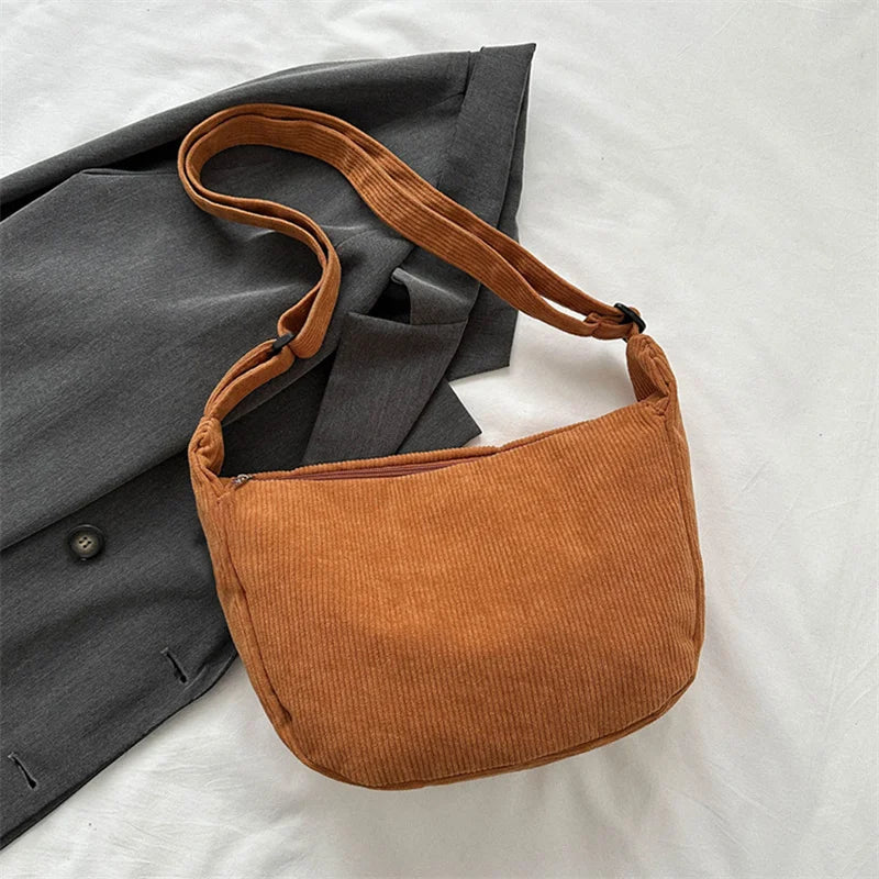 Corduroy Shoulder Bag Minimalist Crossbody Bag Women's Handbags Fashion Fabric Underarm Bag Solid Color Zipper Female Handbag.