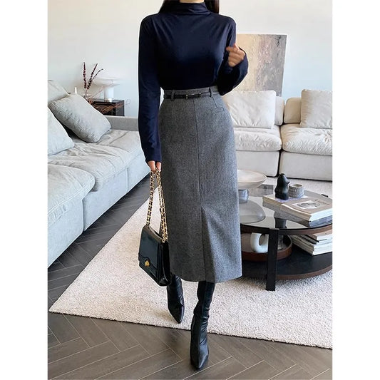 Gray Pencil Skirts Belted Elegant Women Slim Office Ladies Casual A-Line High Waist Split Midi Skirt Autumn Winter.
