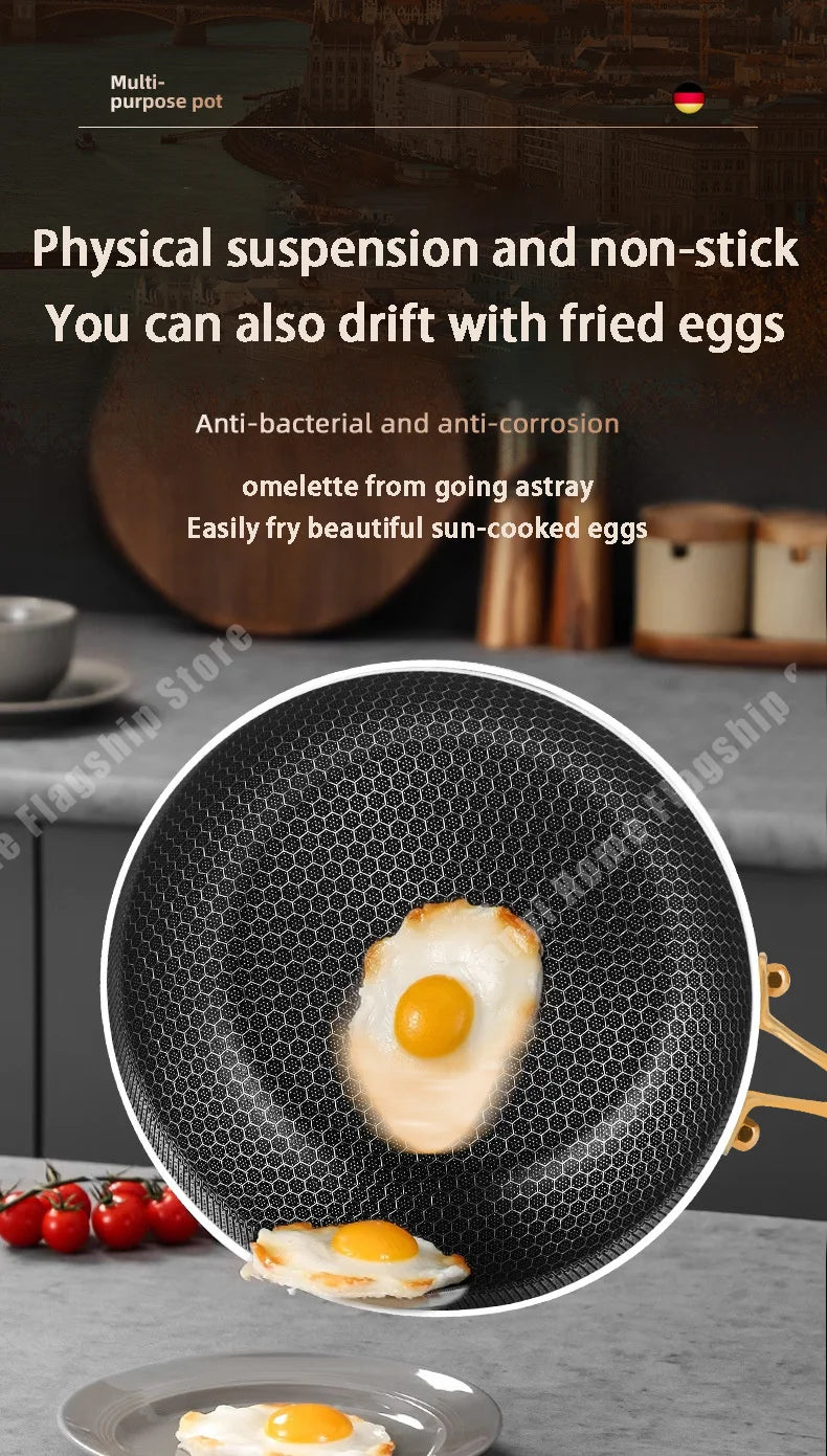 316 Stainless Steel Frying Pan Wok Non-stick Cooking Honeycomb Steak Gas Stove Pot Induction General Saucepan Kitchen Cookware.