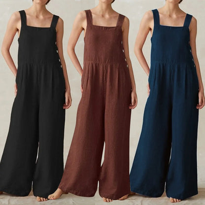 Women Cotton Linen Wide Leg Overalls Summer Fashion Off The Shoulder Sleeveless Solid Color Pocket Jumpsuits JYFS-8929.