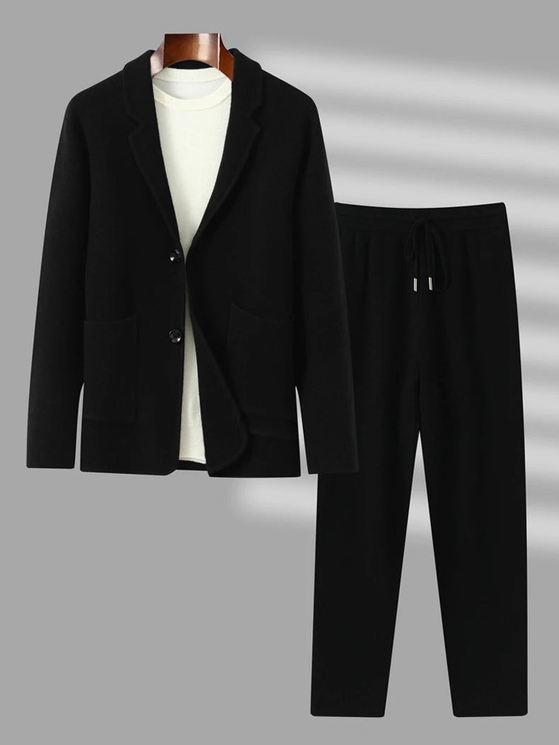 100%Cashmere Suit Men's Suit Collar Knitted Cardigan Business Casual Coat High Waisted Knitted Shorts Winter Thick Two-piece Set.