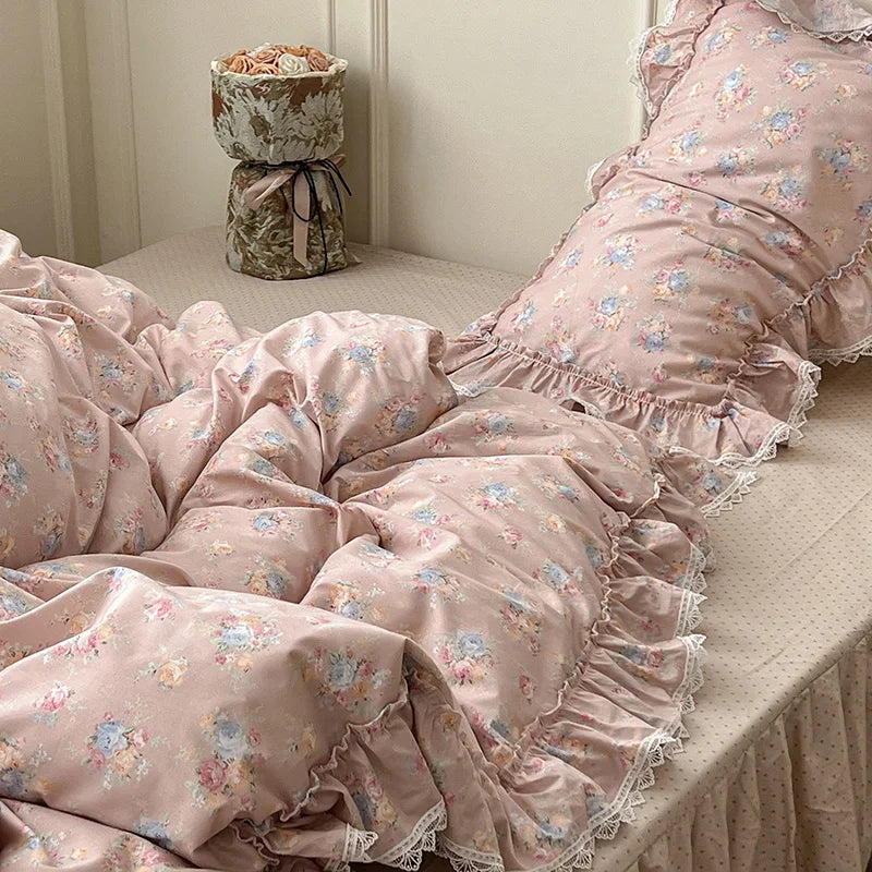 Korean Princess Style Ruffles Flower Print Bedding Set Duvet Cover Set Bed Skirt Bedspread Pillowcases 100% Cotton Home Textile.