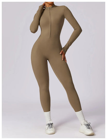 Zipper Sensation Long Sleeve Yoga Suit High Intensity Fitness Sports Bodysuit Tight Fit Clothing 8306 One Piece Suit.