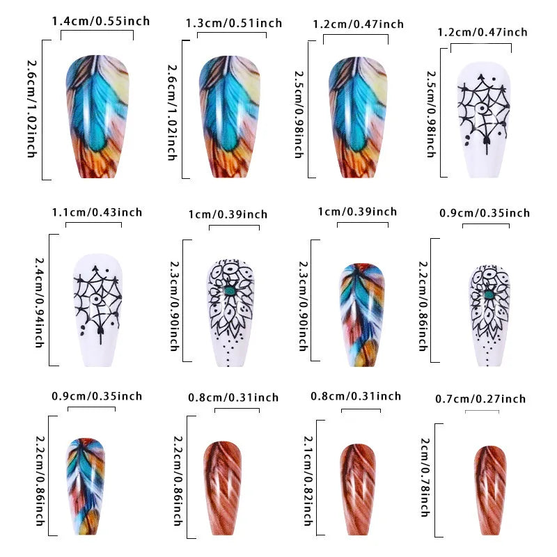 24pcs/set Medium long square fake nails for women girls cute heart flowers feather butterfly design press on false nail art tips