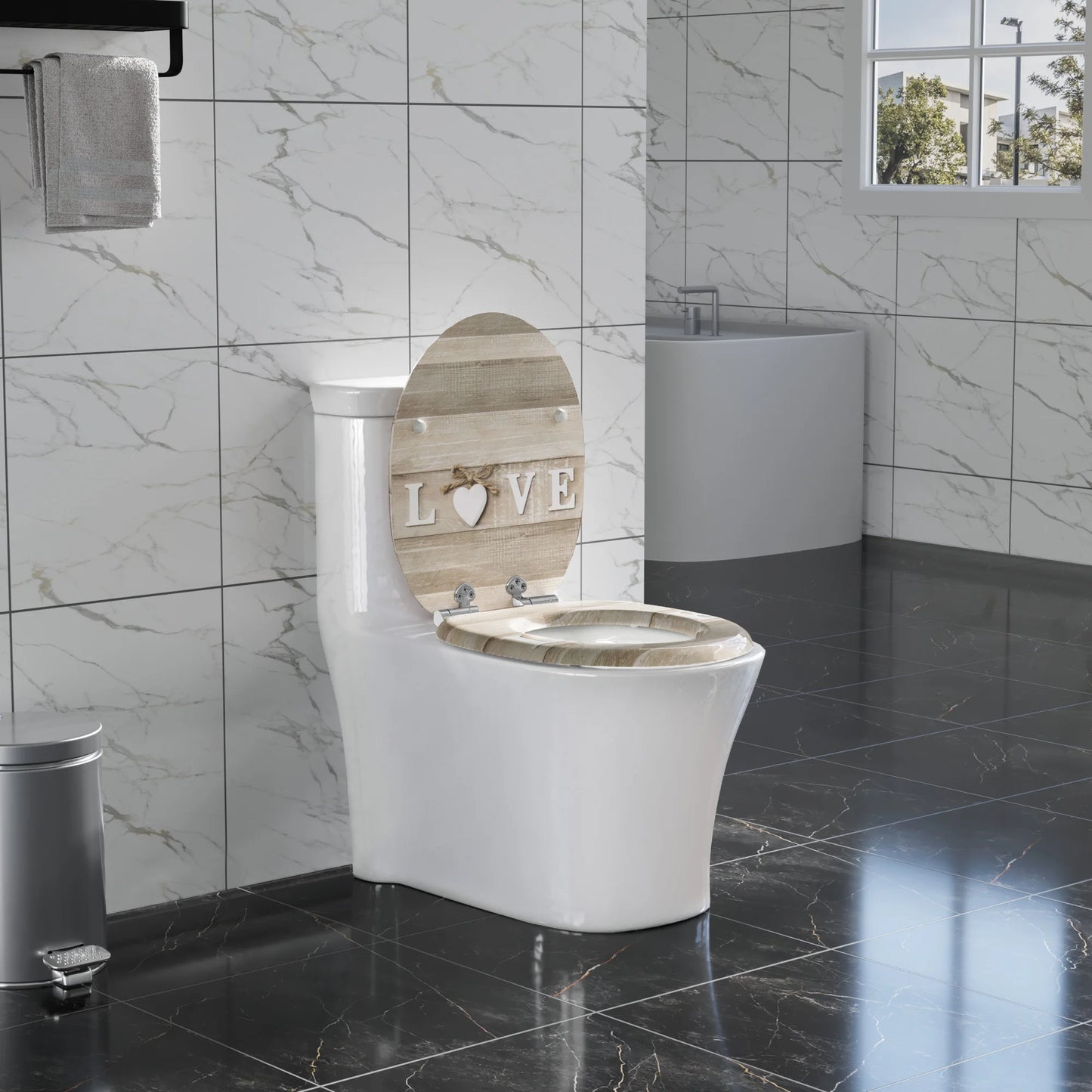 O-förmiger Toilettensitz, verstellbare Scharniere, Toilettendeckel mit Motiv, Soft-Close-Mechanismus für Badezimmer
