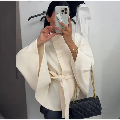 Damenmantel, kurze Cape-Mäntel für Damen, Gürtel, Mäntel aus Kunstwolle und Mischungen, Herbst-Winter, feste Mäntel, elegante Umhangjacke für Damen