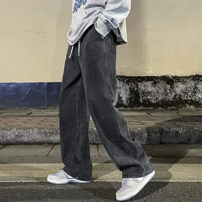 2024 New Streetwear Loose Jeans Men Korean Style Fashion Loose Straight Wide Leg Pants Men's Brand Clothing Black Light Blue.