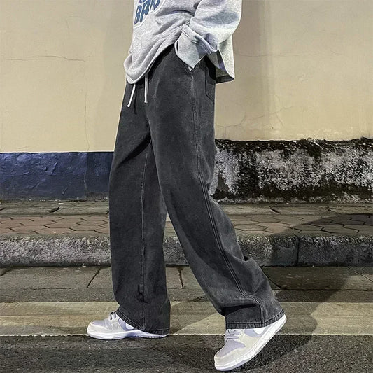 2024 New Streetwear Loose Jeans Men Korean Style Fashion Loose Straight Wide Leg Pants Men's Brand Clothing Black Light Blue.
